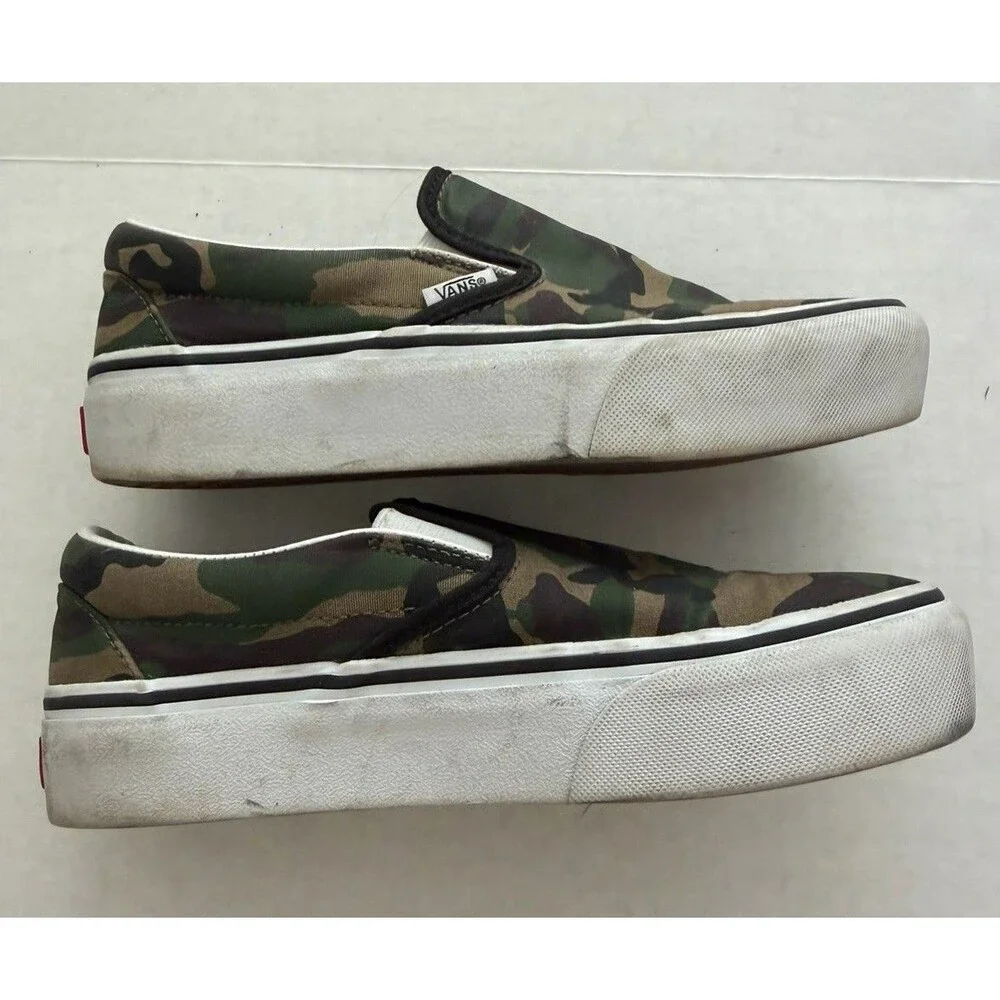 Vans Classic Slip-On Shoes Men 6.0 Women 7.5 Brown Green Black Woodland Camo